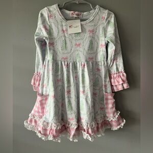 Girls' Pink and Green Long Sleeve Dress